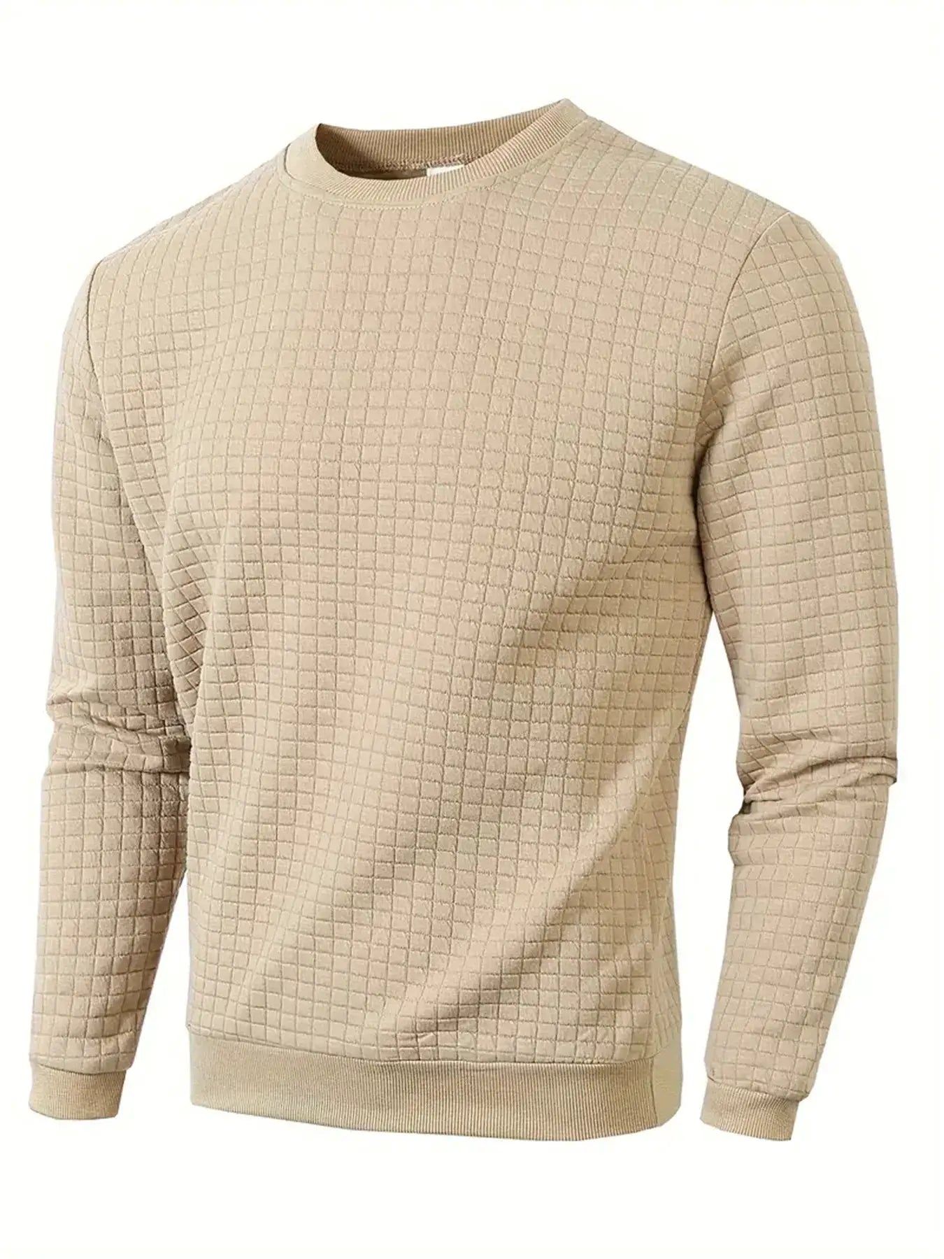 Simples Market beige quilted crew-neck pullover with grid jacquard knit, long sleeves.