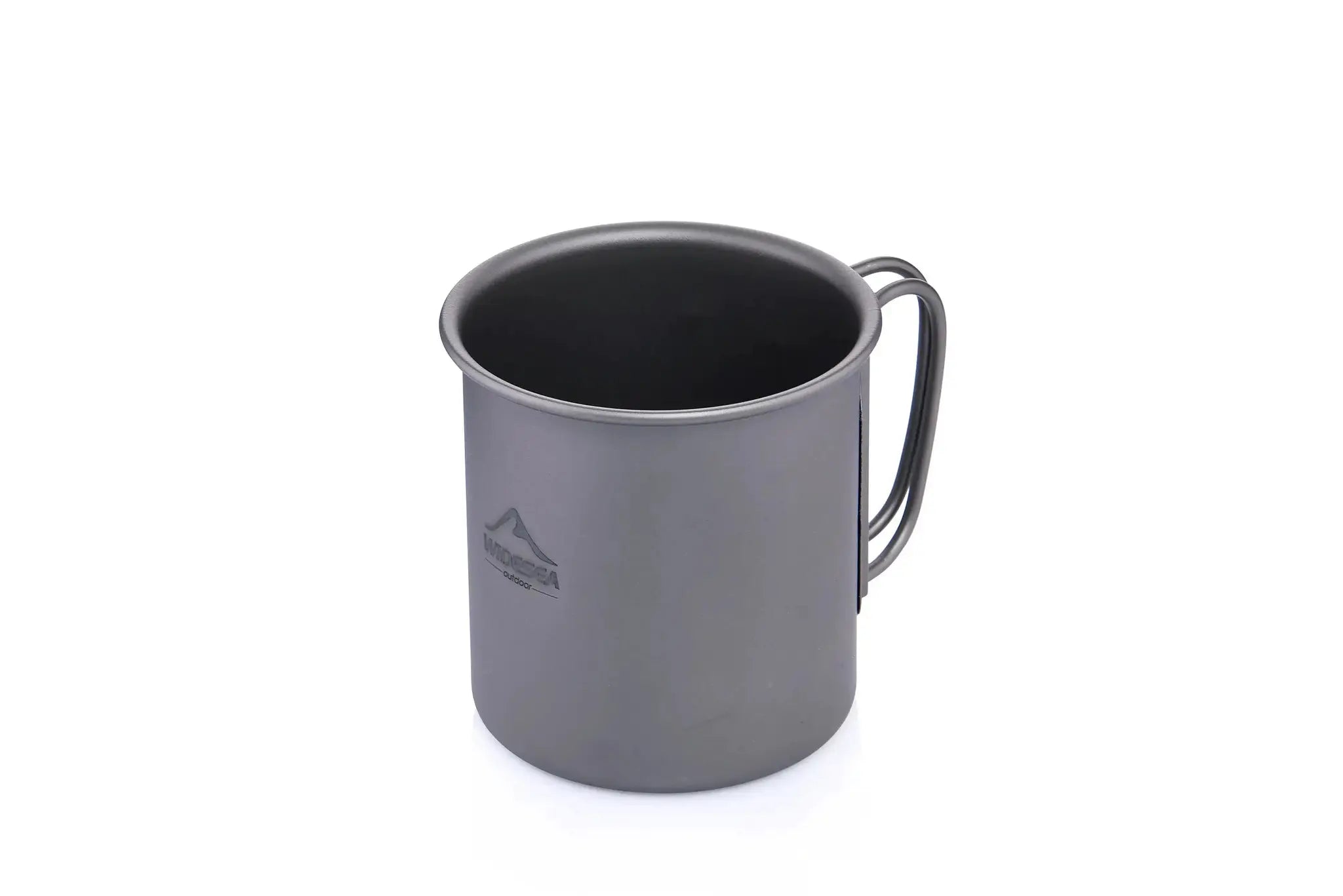 Widesea titanium camping mug, grey exterior with black interior and dual-loop handle