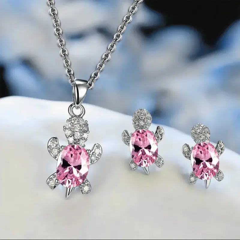 Three Piece Silver Plated Necklace Earrings Set For Ladies With Turtle Shape And Multicolor Glass Diamonds