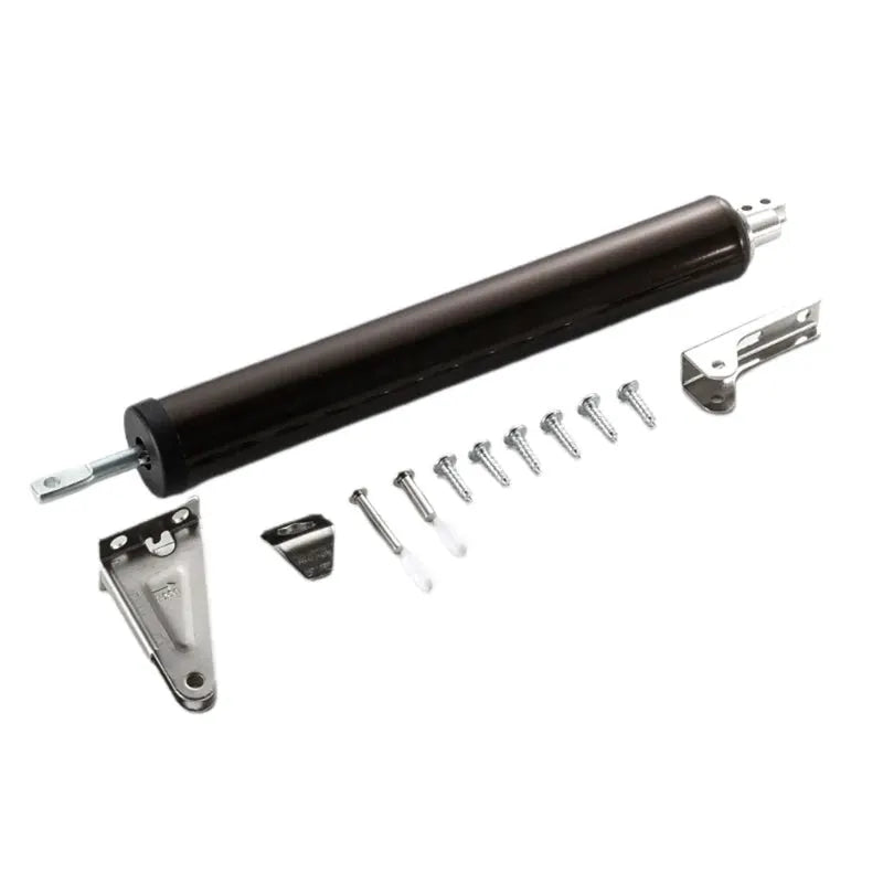 Simples Market automatic door closer kit with black cylindrical body, mounting brackets and screws