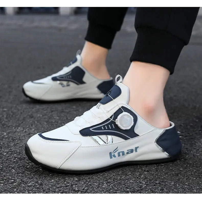 Pair of men's white and navy running shoes with dial lace system and knar logo by Simples Market