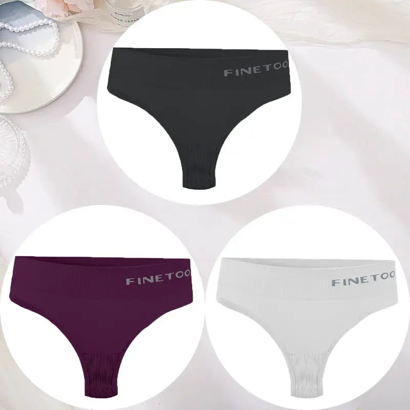 3-piece Finetoo women's seamless high-waist thong underwear set in black, burgundy and white