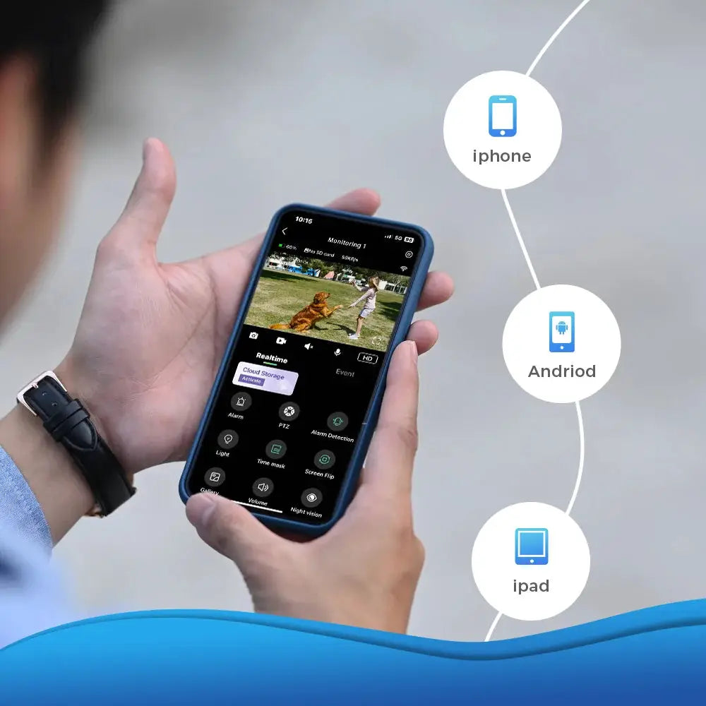 XVIM 1080P solar wireless security camera; mobile app view on iPhone, Android, and iPad