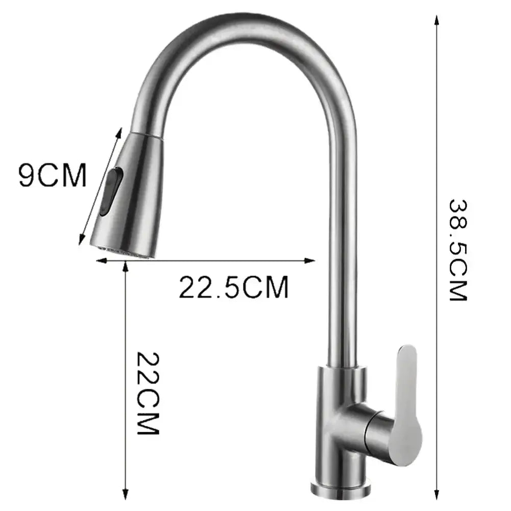 Pull-out kitchen faucet in brushed stainless steel with gooseneck spout and side lever handle