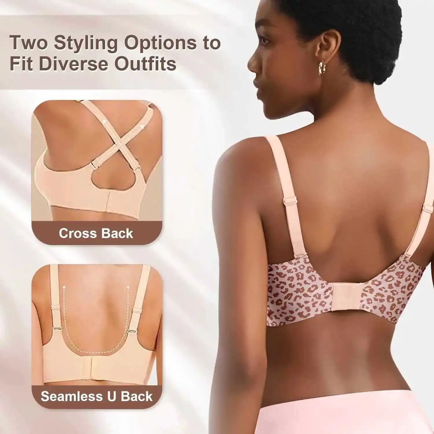 Women's seamless pink leopard print wire-free bra with full-cup, cross-back and U-back design