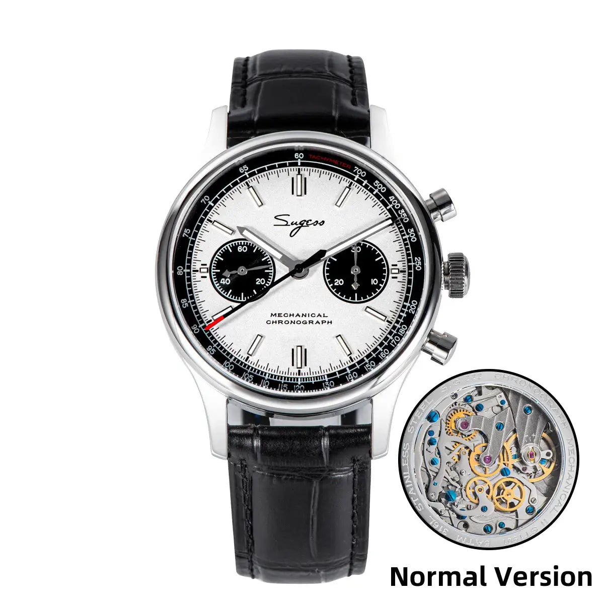 Sugess Panda pilot chronograph watch with white dial, black subdials, leather strap