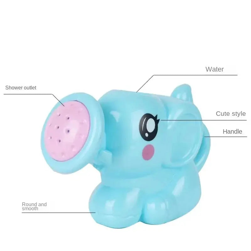 Bath toy elephant kettle sprinkler, blue plastic with pink shower outlet, for children, Simples Market.