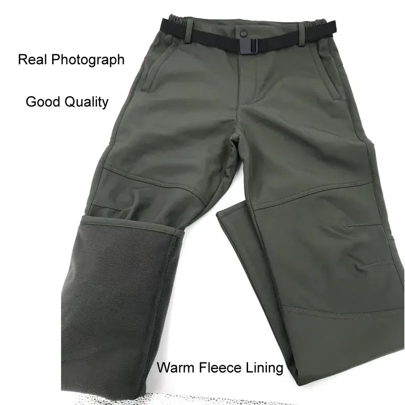 Men's Simples Market cargo softshell hiking pants with fleece lining, olive green, knee panels, belt, sizes M-5XL
