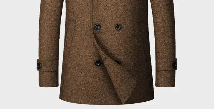 Men's brown double-breasted wool coat, casual business jacket.