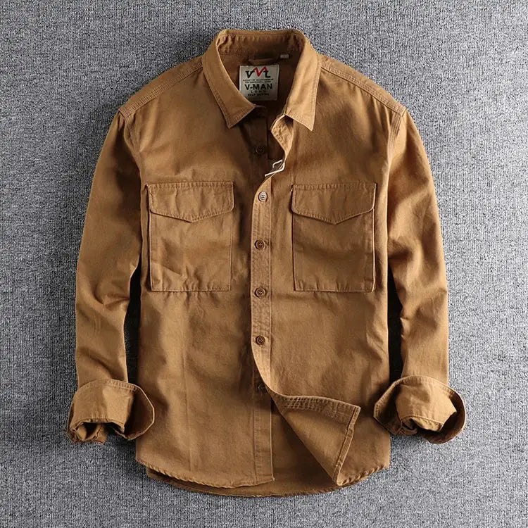 Khaki V-MAN work shirt with twin chest pockets, button front, long sleeves