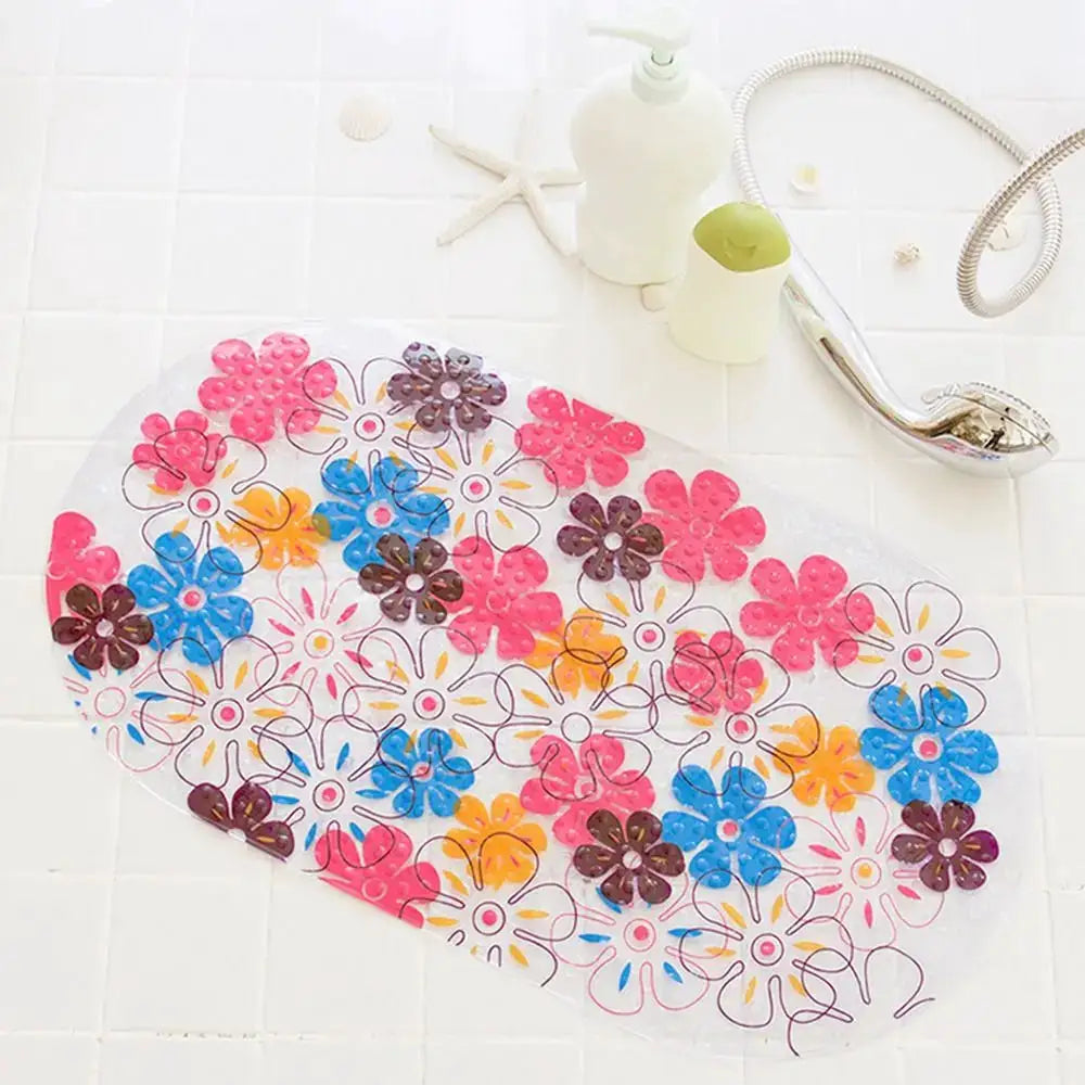 Soft cartoon PVC kids bath mat with colorful flower pattern and non-slip suction cups from Simples Market