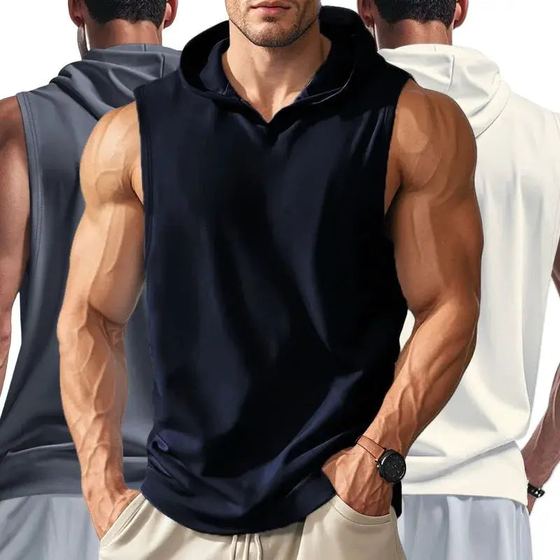 Men's hooded sleeveless gym tank tops set of 3 by Simples Market in navy, gray and white