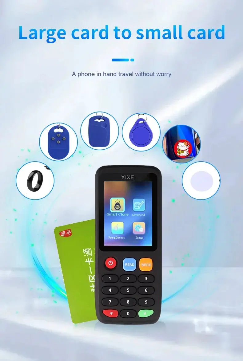 X7 RFID smart card reader by Simples Market with keypad, black handheld device and several cards