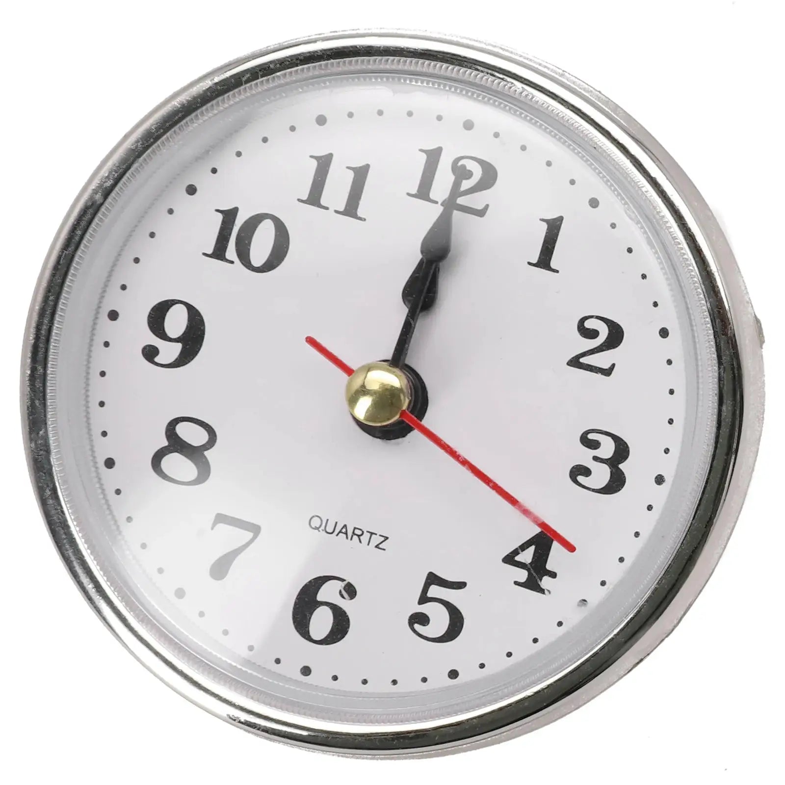 65mm round wall clock insert; white dial, black Arabic numerals, black hour/minute hands, red second hand, chrome bezel