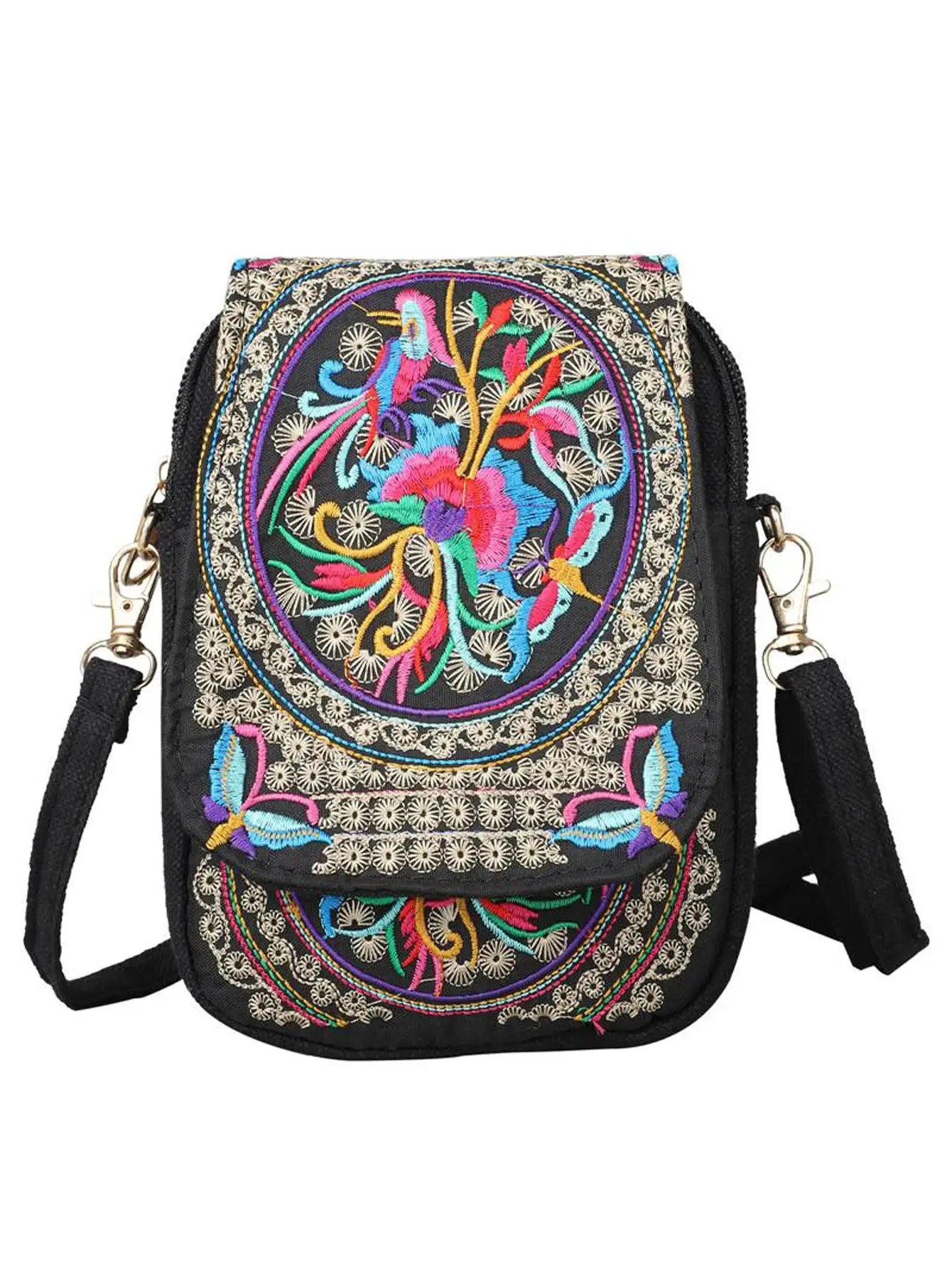 Simples Market stylish women's embroidered crossbody phone bag, black canvas with colorful circular embroidery and zipper