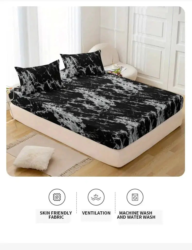 3-piece marble print fitted sheet set in black-gray microfiber; ultra soft and breathable