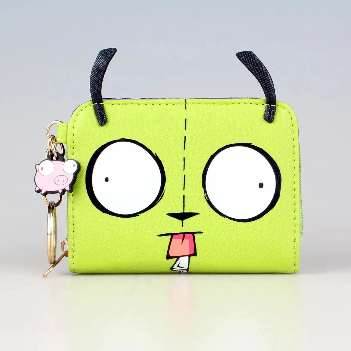 3D stereo trifold wallet Simples Market neon lime with cartoon face and blue loops, pig charm key ring