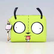 3D stereo trifold wallet Simples Market neon lime with cartoon face and blue loops, pig charm key ring