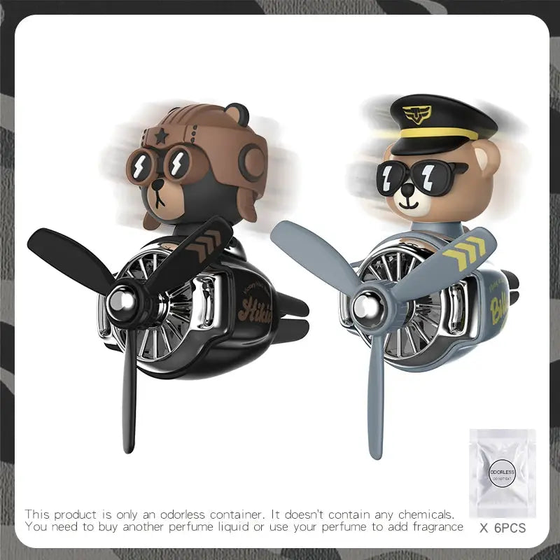 Car air fresheners vent clips; pair of odorless cartoon pilot bear figures (black and tan)