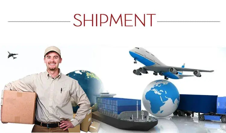 Shipment banner illustration with a delivery person holding a box, globe, airplane, ship and trucks