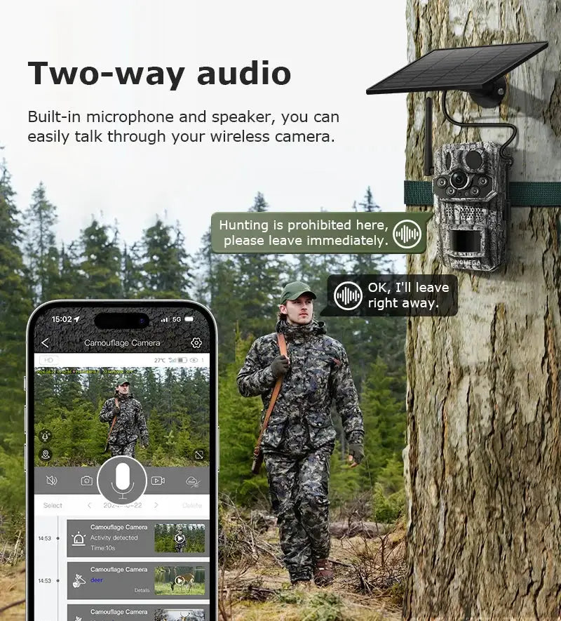 INQMEGA4G 2K 5MP PIR solar hunting trail camera by Simples Market with night vision, mounted on tree.