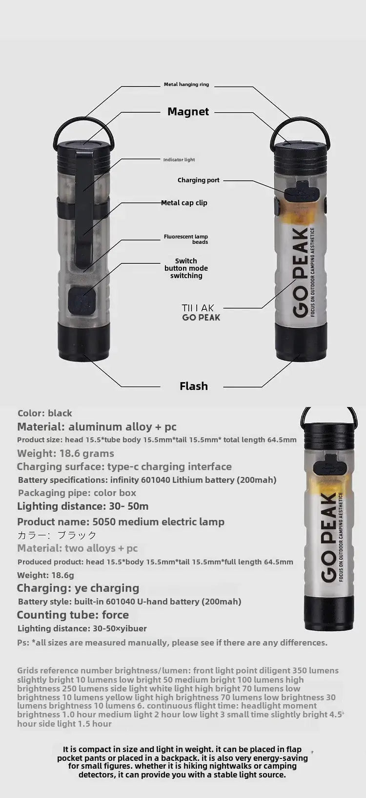 GOPEAK pocket mini flashlight, Simples Market; black aluminum alloy body with key clip, magnet, and charging port