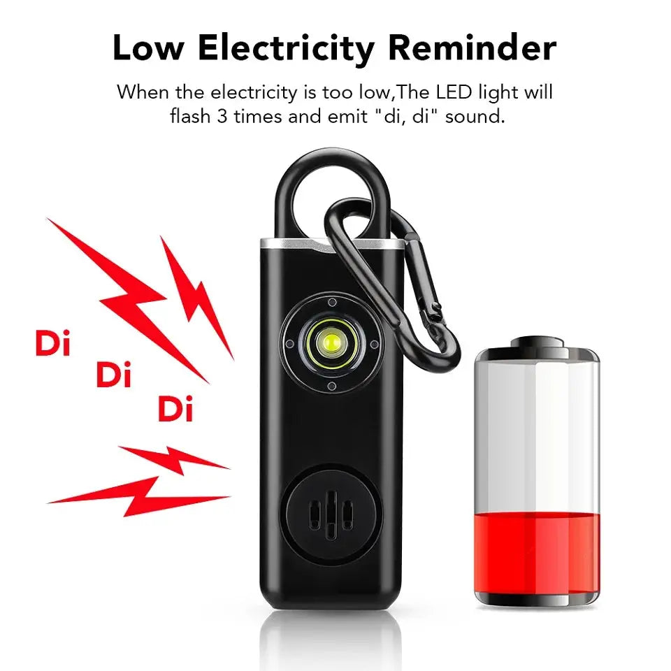 Hollarm self-defense alarm keychain, black with LED light and 130dB siren, carabiner clip.
