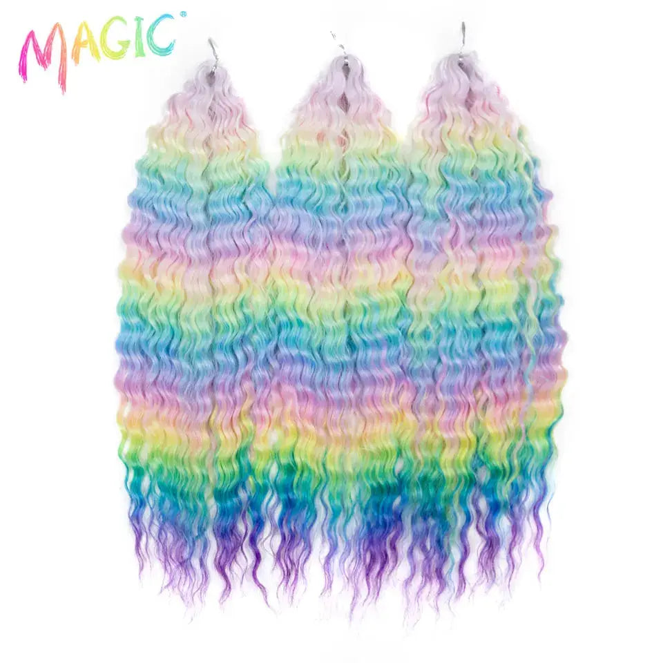 Simples Market Magic Ariel Curl crochet braiding hair extension, 3-pack rainbow ombre deep wave, 22in
