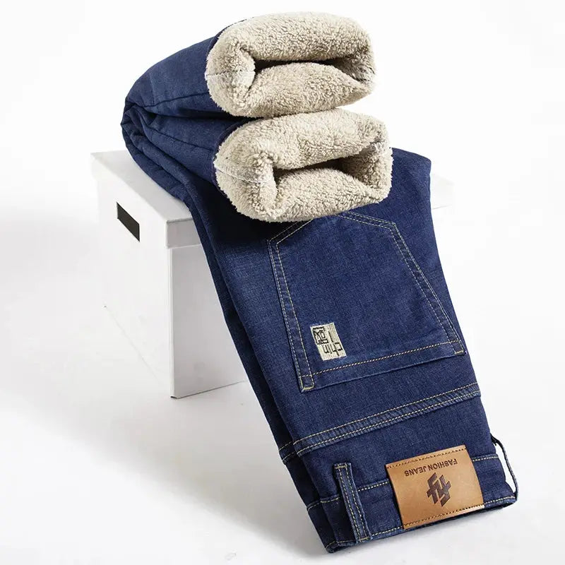 Men's Fleece Lined Denim Jeans Winter Warm Straight Fit High Waist Stretch Vaqueros Size 40