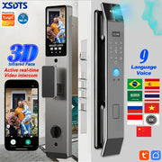 XSDTS smart door lock with camera and 3D infrared face recognition; two metal locks shown, Wi-Fi/Tuya compatible.