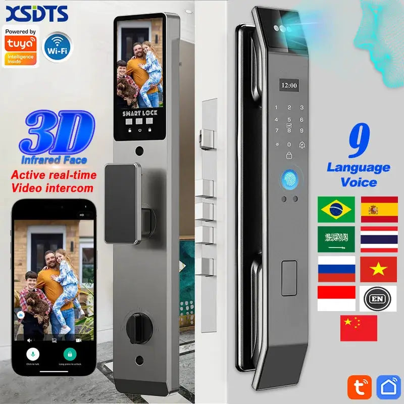 XSDTS smart door lock with camera and 3D infrared face recognition; two metal locks shown, Wi-Fi/Tuya compatible.