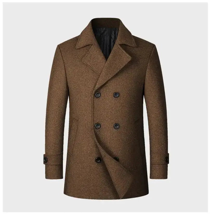 Simples Market men's brown double-breasted wool overcoat, long warm winter coat