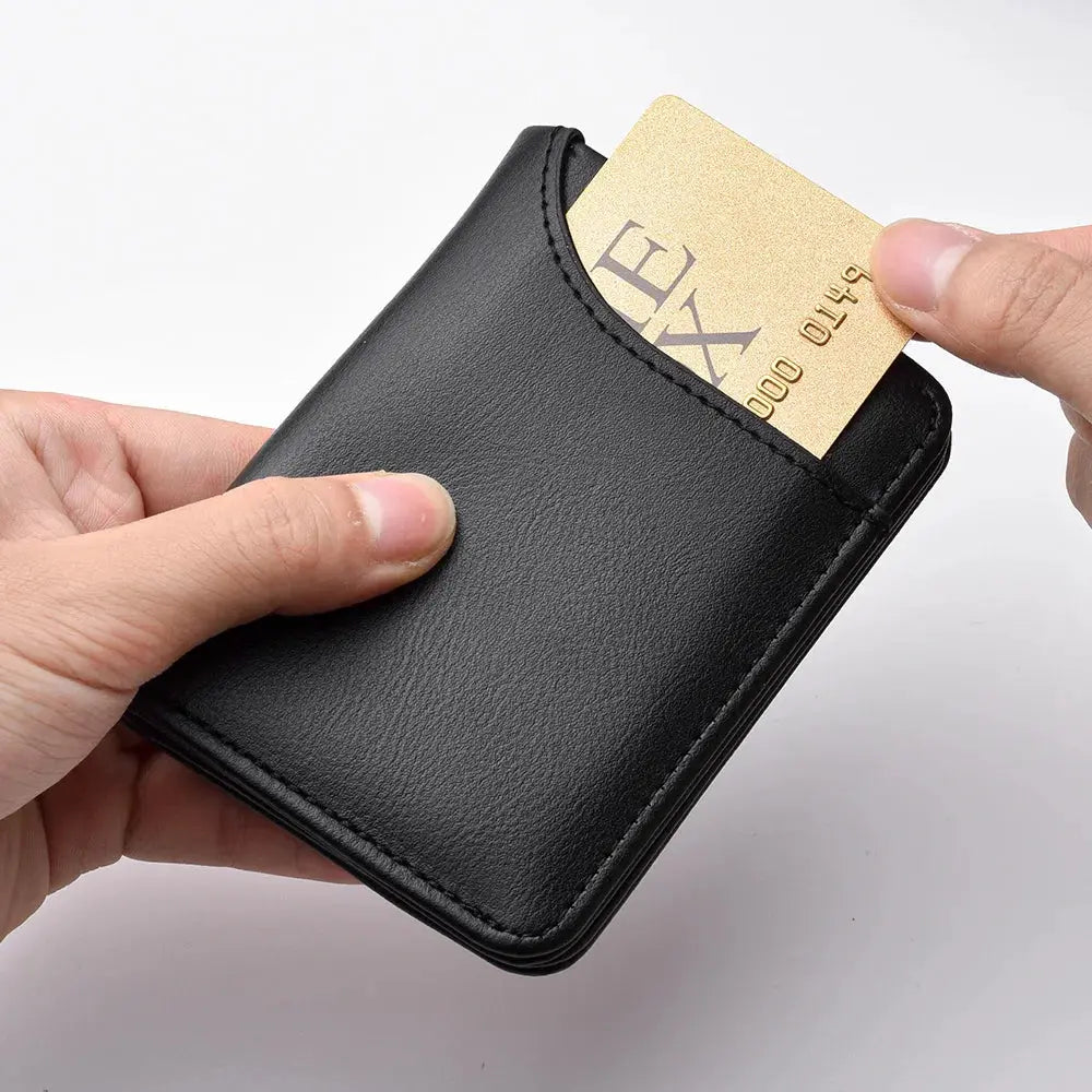Men's vertical black leather card wallet with multiple card slots, gold card visible.