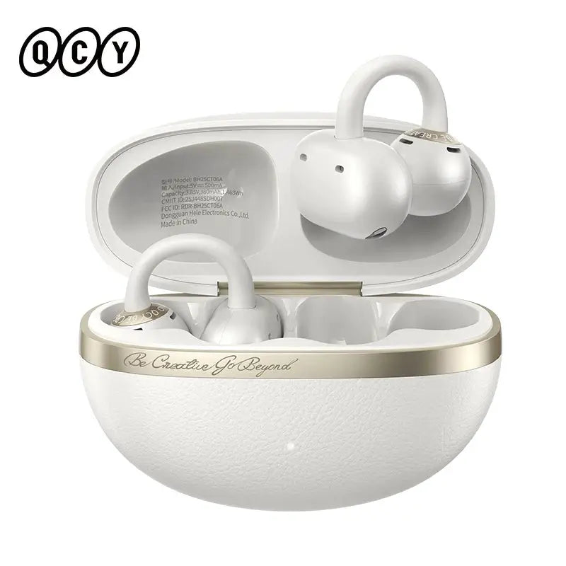 QCY Crossky C50 open-ear wireless earbuds in white with gold-trim charging case