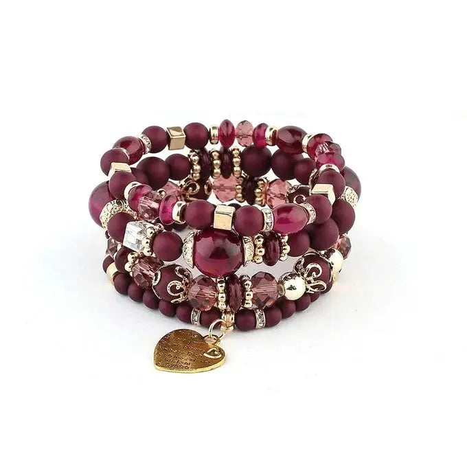 4 Piece Boho Strand Bracelet Set For Women With Crystal Beads Heart Charms And Letter Accents