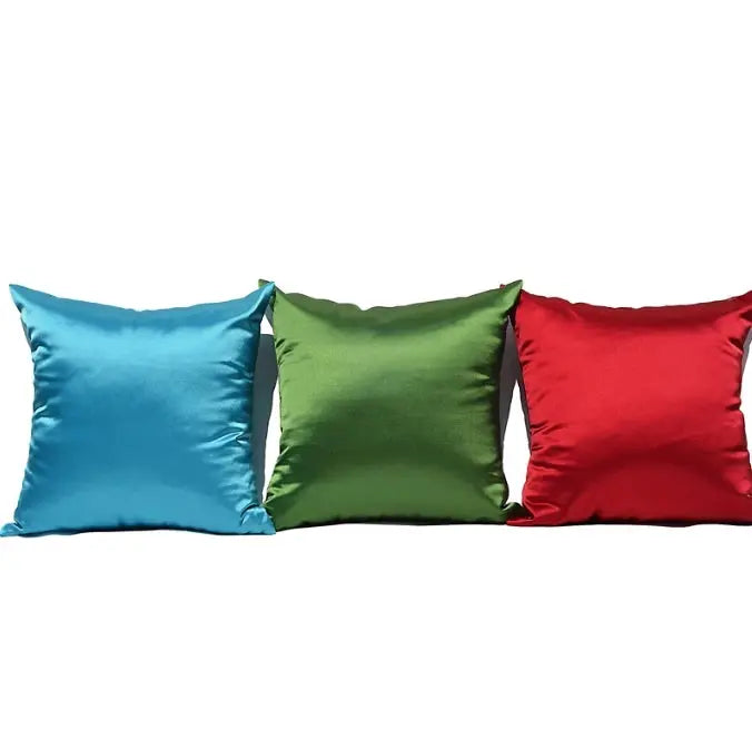 Simples Market satin pillow covers set of 3 in blue, green, and red