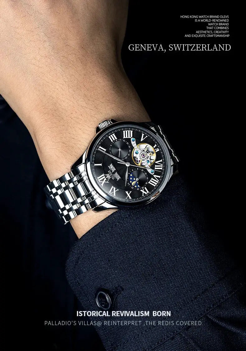 OLEVS 7013 men's watch with moon phase, skeleton dial, Roman numerals, automatic movement, stainless steel bracelet