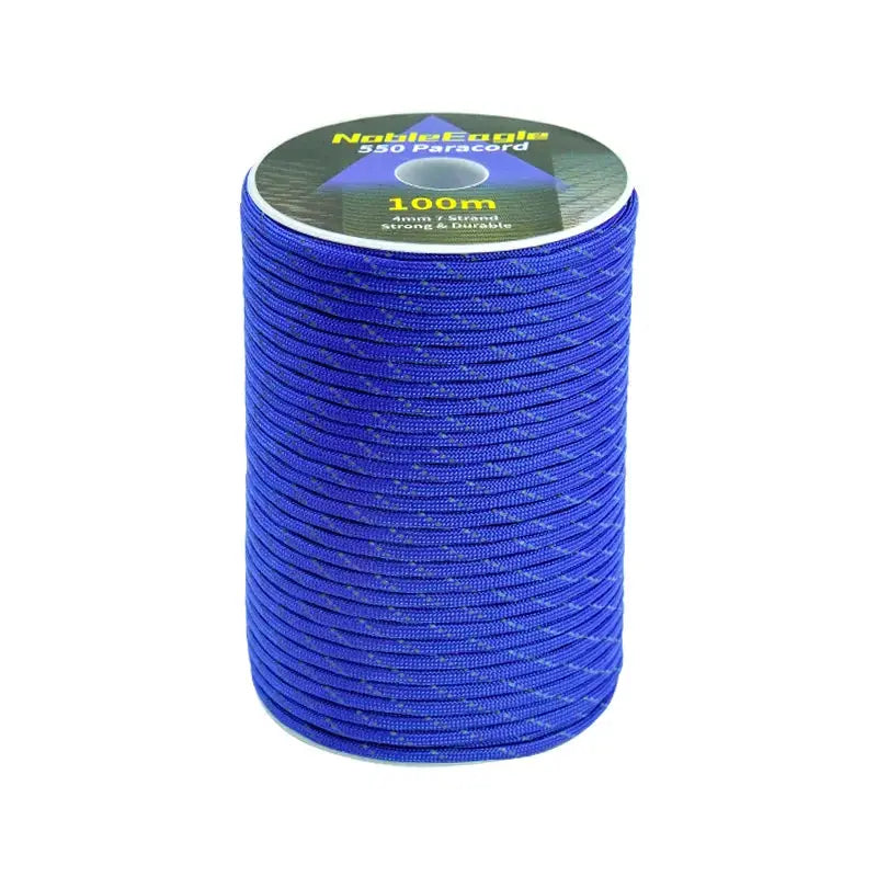 Blue reflective paracord rope, 7‑strand 4mm 550 cord, 100m spool for camping and DIY.