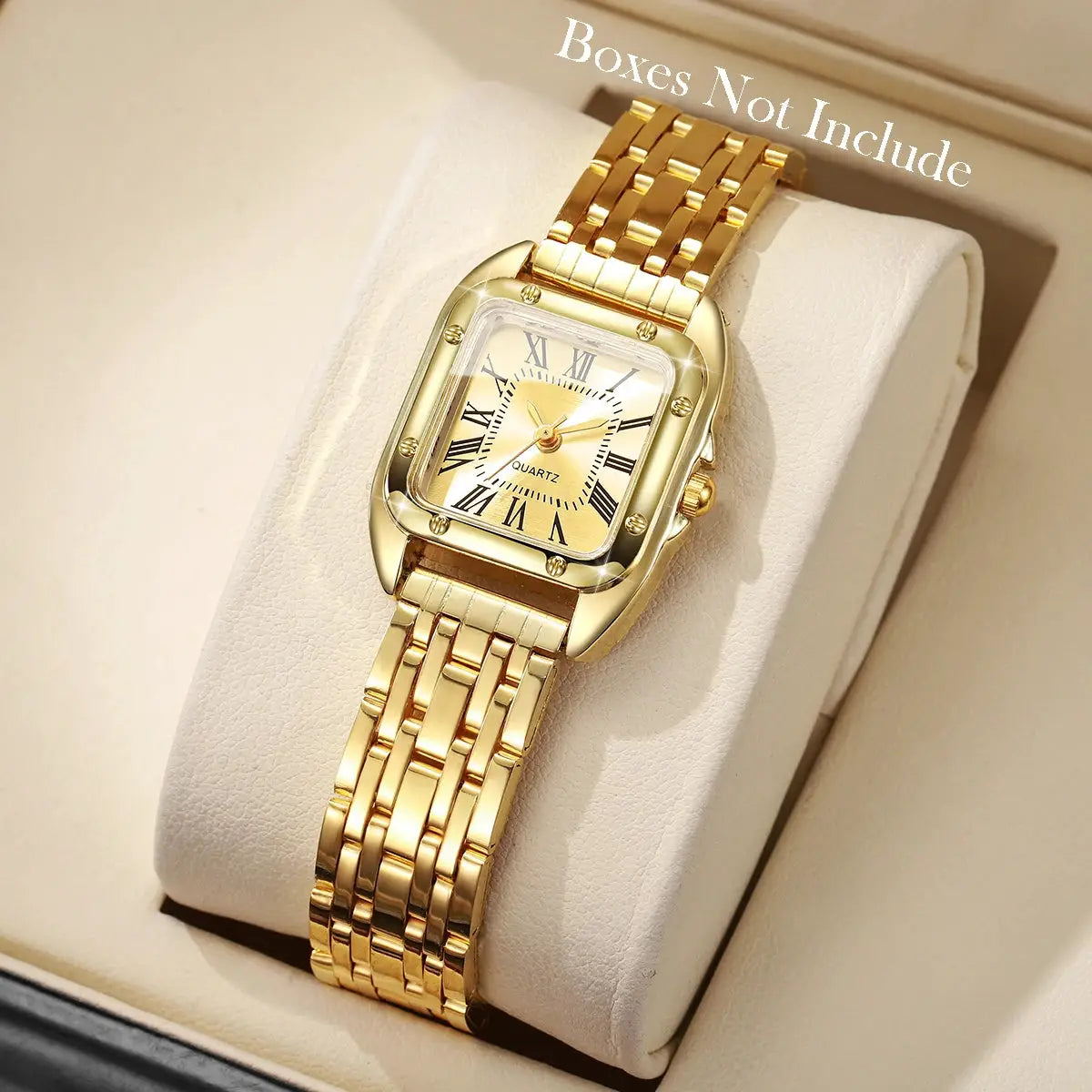 Gold-tone square women's quartz watch with Roman numeral dial and linked bracelet