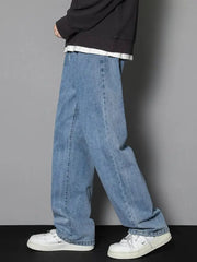 Men's casual straight denim wide-leg jeans in light blue