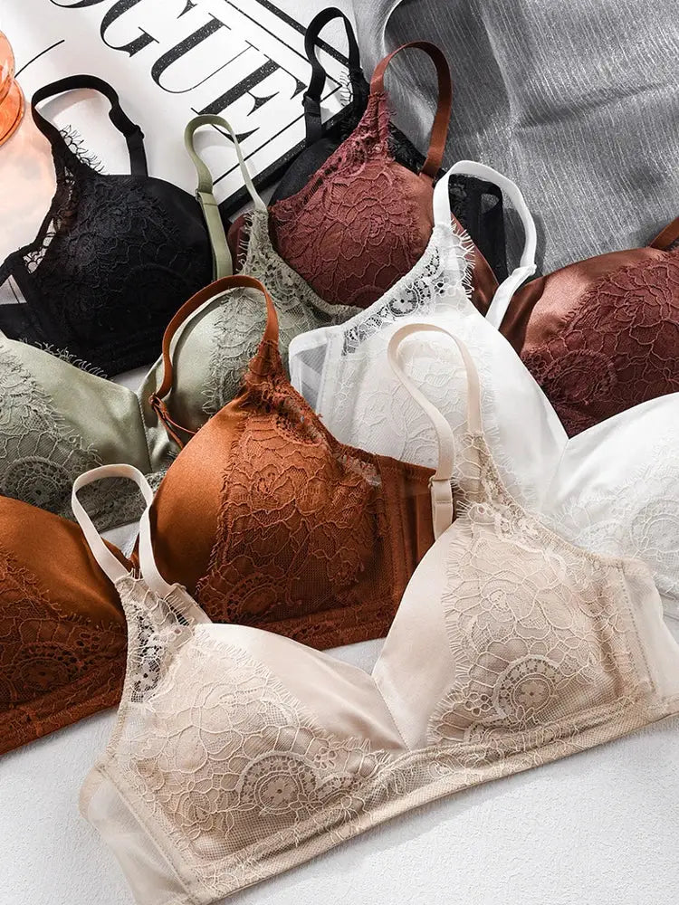 SuyaDream silk lace padded bras by Simples Market in black, beige, white, rust, olive; wire-free collection