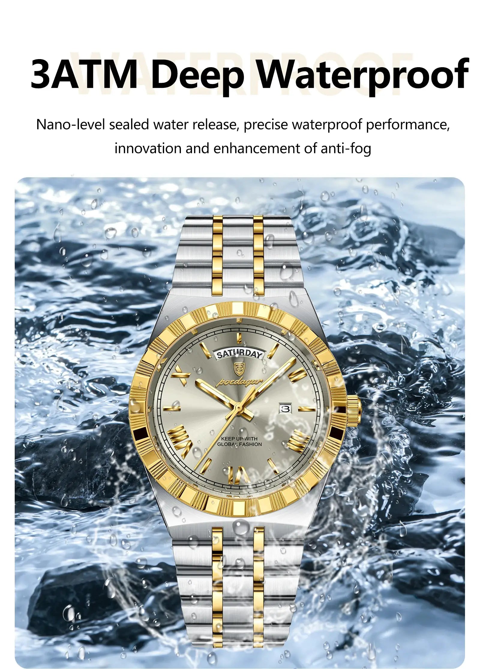POEDAGAR men's luxury two-tone stainless steel watch with gold bezel and day-date window