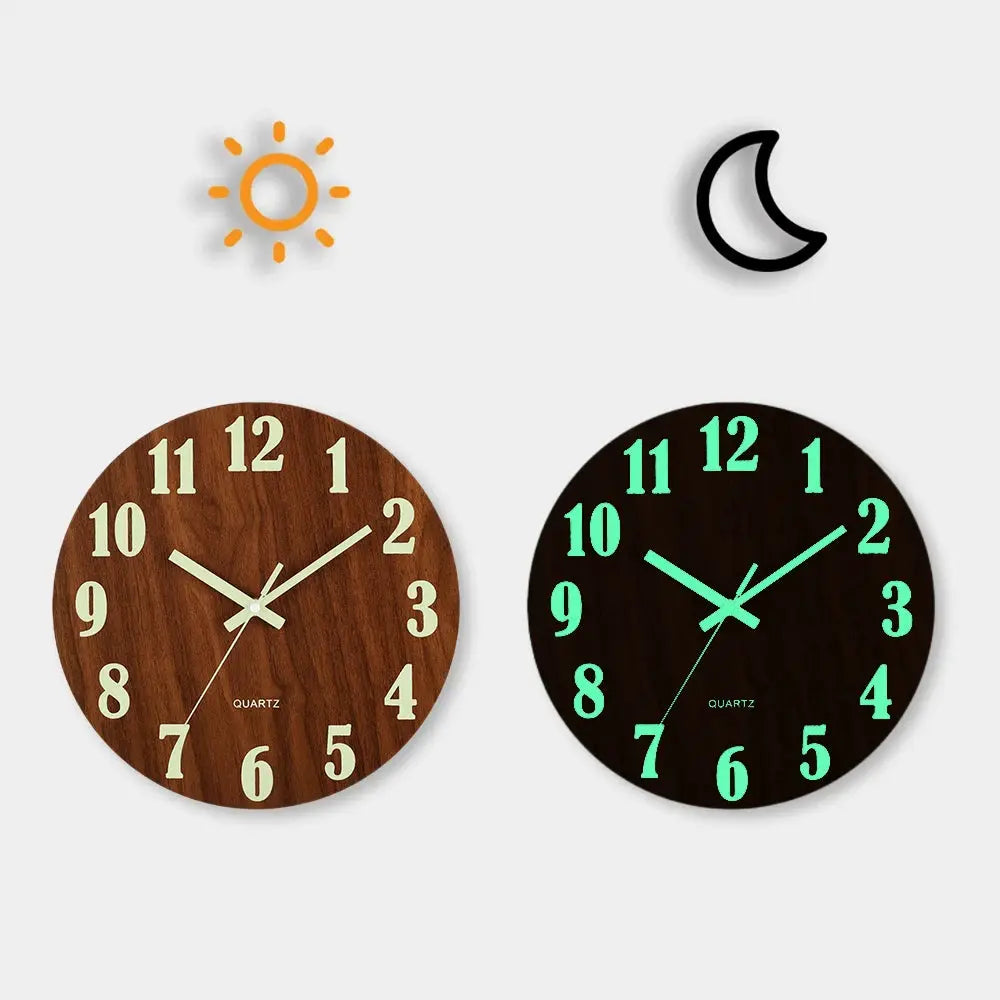 Two 12-inch wall clocks in wood and dark finishes, cream numerals on wood and glowing green numerals on dark clock, day/night icons.