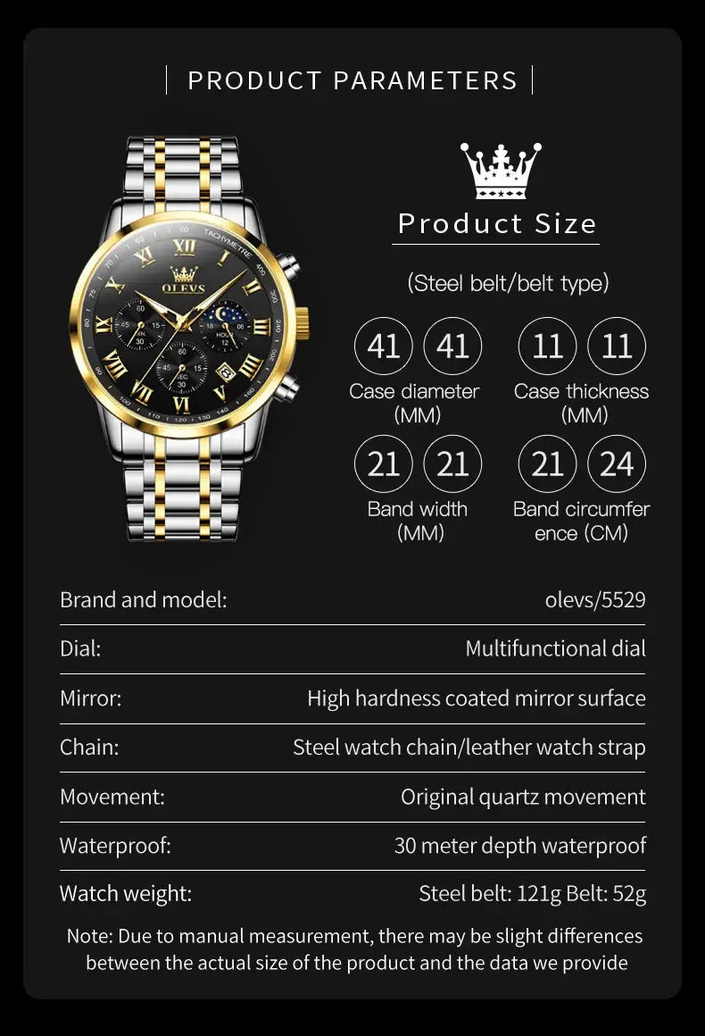 OLEVS 5529 two-tone stainless steel men's watch with black dial and gold bezel