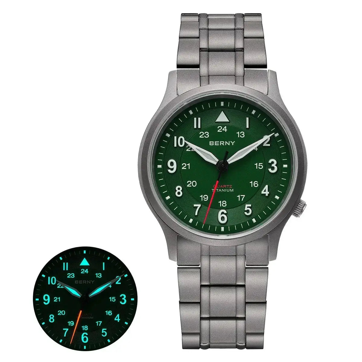 BERNY full titanium men's outdoor quartz wristwatch with green dial and luminescent hands