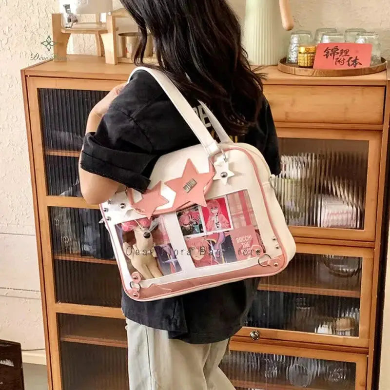 Simples Market Y2K star Ita bag; white and pink transparent pocket crossbody purse with star accents