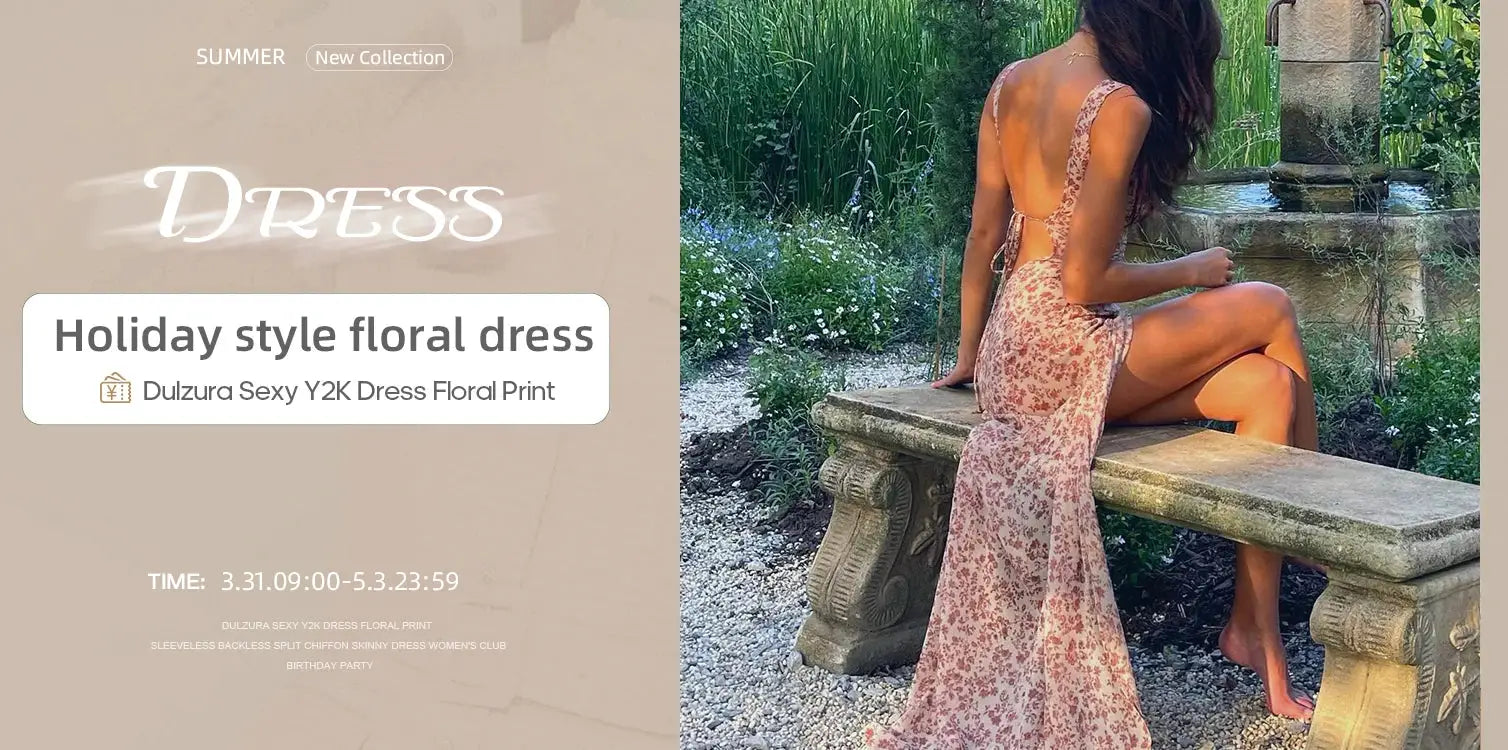 Dulzura floral backless halter dress worn by model outdoors near a fountain