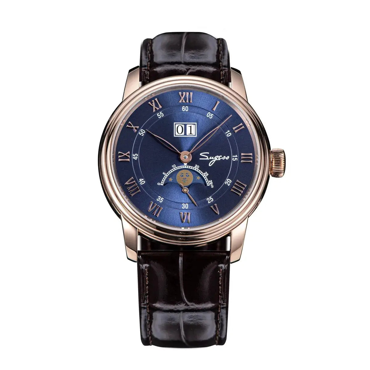 Sugess moonphase men’s watch, 40mm rose-gold case with blue sandstone dial and leather strap