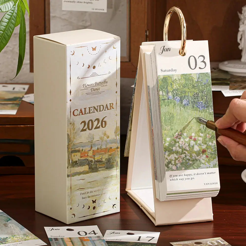 Desk calendar 2026 with gold ring binding and vintage oil painting inspirational quotes
