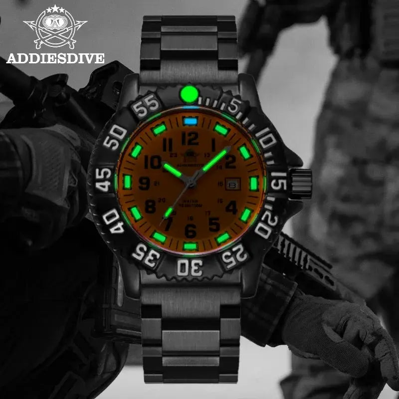 ADDIESDIVE men's quartz watch, orange dial, black bezel, luminous markers, stainless steel strap, 50m water resistant.